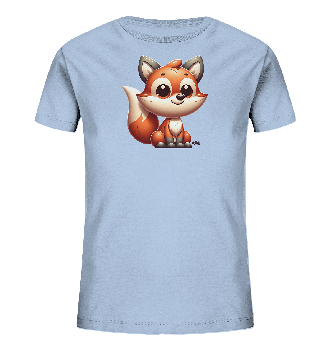 Onlineshop Shirts fuer Kinder - Das Bild zeigt ein hellblaues Kinder-T-Shirt mit einem niedlichen Fuchsmotiv auf der Vorderseite. Der cartoonhafte Fuchs hat orangefarbenes Fell, grosse Augen und einen freundlichen Ausdruck. Er sitzt aufrecht und sein buschiger Schwanz ist deutlich zu sehen. Dieses Design verleiht dem Shirt einen verspielten Charakter.