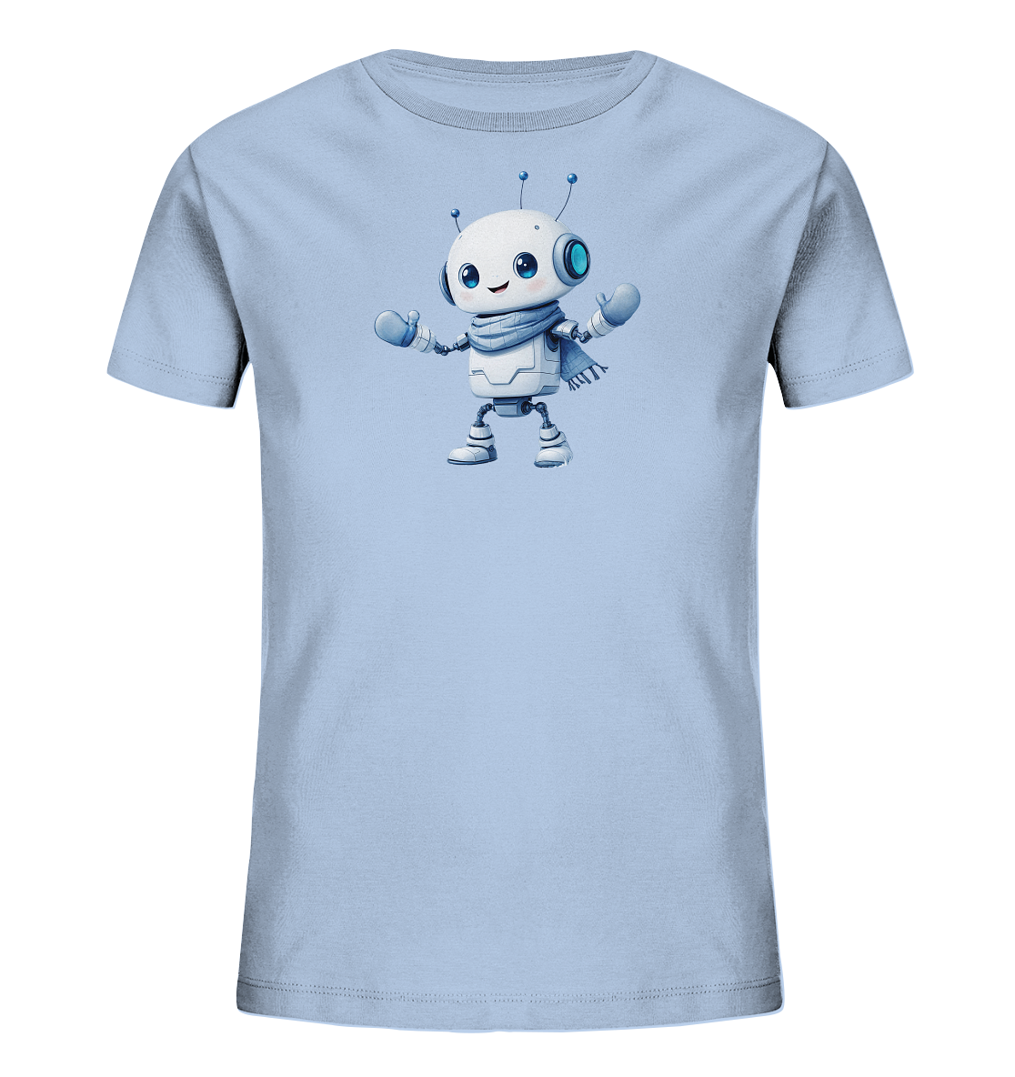 Onlineshop Shirts für Kinder - Das Bild zeigt ein hellblaues Kinder-T-Shirt mit einem detailreichen, freundlichen Roboter-Motiv auf der Vorderseite. Der cartoonartige Roboter hat einen weißen Körper, blaue Augen mit großen Pupillen, Antennen auf dem Kopf sowie blaue Handschuhe und Stiefel. Er trägt zudem einen hellblauen Schal um den Hals und wirkt mit seinem Lächeln sehr zugänglich. Dieses Design ist verspielt und modern, ideal für kleine Technik- und Roboterfans.