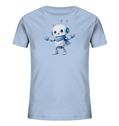 Onlineshop Shirts für Kinder - Das Bild zeigt ein hellblaues Kinder-T-Shirt mit einem detailreichen, freundlichen Roboter-Motiv auf der Vorderseite. Der cartoonartige Roboter hat einen weißen Körper, blaue Augen mit großen Pupillen, Antennen auf dem Kopf sowie blaue Handschuhe und Stiefel. Er trägt zudem einen hellblauen Schal um den Hals und wirkt mit seinem Lächeln sehr zugänglich. Dieses Design ist verspielt und modern, ideal für kleine Technik- und Roboterfans.