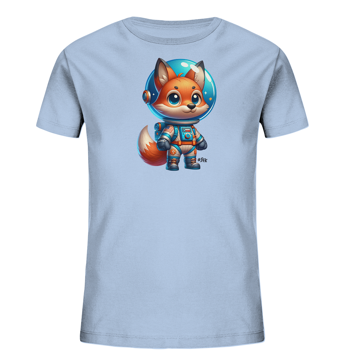Onlineshop Shirts fuer Kinder - Das Bild zeigt ein hellblaues T-Shirt fuer Kinder mit einem niedlichen, cartoonhaften Fuchsmotiv. Der Fuchs traegt einen Astronautenanzug mit Helm und steht aufrecht. Er hat grosse, freundliche Augen und einen buschigen Schwanz. Das Design ist farbenfroh und verspielt, ideal fuer kleine Weltraumfans.