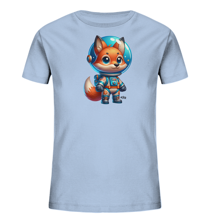 Onlineshop Shirts fuer Kinder - Das Bild zeigt ein hellblaues T-Shirt fuer Kinder mit einem niedlichen, cartoonhaften Fuchsmotiv. Der Fuchs traegt einen Astronautenanzug mit Helm und steht aufrecht. Er hat grosse, freundliche Augen und einen buschigen Schwanz. Das Design ist farbenfroh und verspielt, ideal fuer kleine Weltraumfans.
