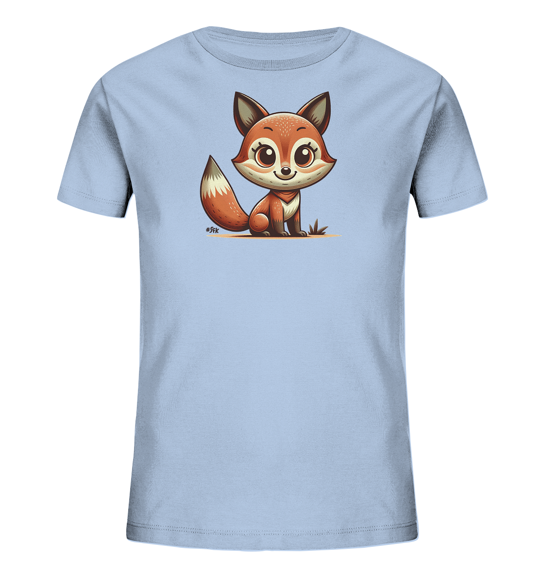 Onlineshop Shirts fuer Kinder - Das Bild zeigt ein hellblaues T-Shirt mit einer niedlichen Illustration eines sitzenden Fuchses auf der Vorderseite. Der Comic-Fuchs hat grosse Augen und einen buschigen Schwanz. Das Design wirkt freundlich und verspielt. Es ist ideal fuer ein Kinderoutfit.