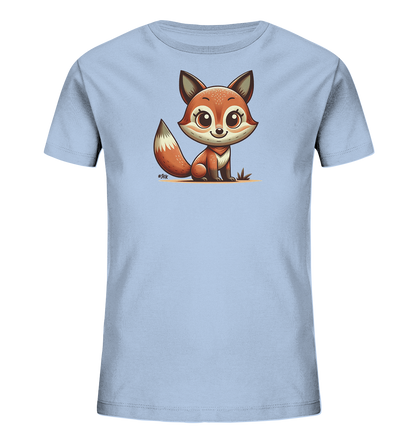 Onlineshop Shirts fuer Kinder - Das Bild zeigt ein hellblaues T-Shirt mit einer niedlichen Illustration eines sitzenden Fuchses auf der Vorderseite. Der Comic-Fuchs hat grosse Augen und einen buschigen Schwanz. Das Design wirkt freundlich und verspielt. Es ist ideal fuer ein Kinderoutfit.