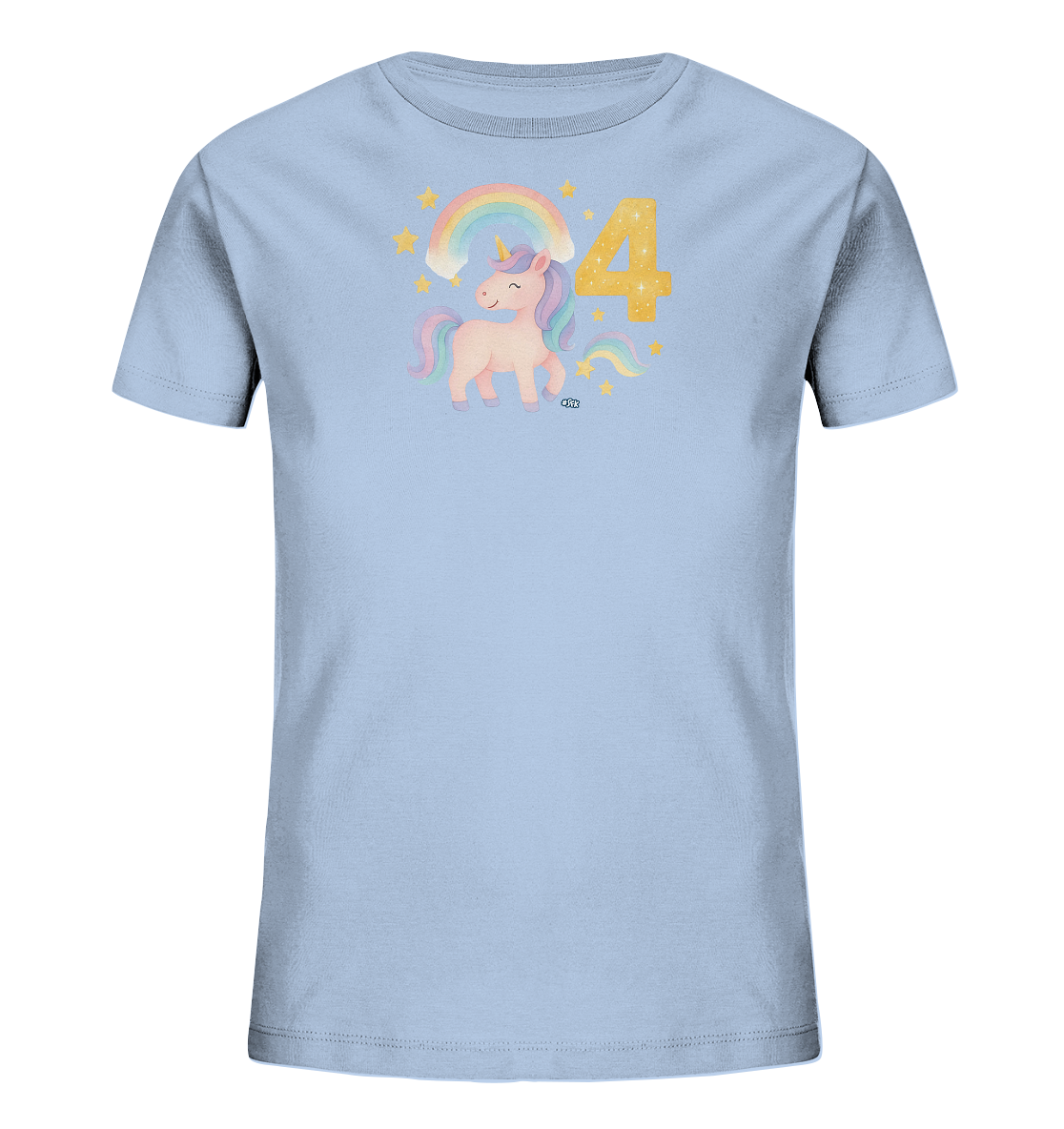 Onlineshop Shirts fuer Kinder - Das Bild zeigt ein hellblaues Kinder-T-Shirt mit einem niedlichen Einhorn-Motiv. Das Einhorn steht vor einem pastellfarbenen Regenbogen und ist von goldenen Sternen umgeben. Neben dem Einhorn ist die goldene, glitzernde Zahl '4' prominent platziert. Das Design wirkt verspielt und festlich.