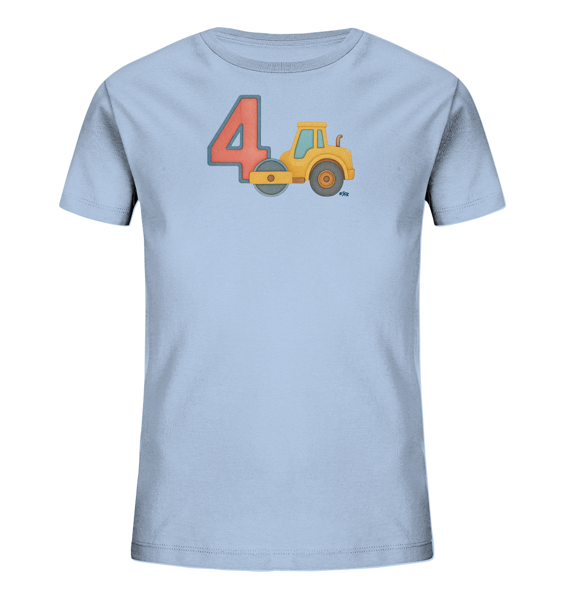 Onlineshop Shirts fuer Kinder - Das Bild zeigt ein hellblaues Kinder-T-Shirt auf einem neutralen Hintergrund. Auf der Vorderseite ist eine grosse rote Zahl '4' platziert. Daneben ist eine gelbe Dampfwalze mit grauer Walze abgebildet. Das gesamte Motiv ist in einem kindgerechten, illustrierten Stil gehalten.