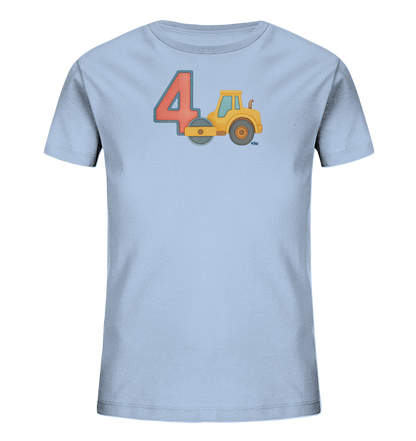Onlineshop Shirts fuer Kinder - Das Bild zeigt ein hellblaues Kinder-T-Shirt auf einem neutralen Hintergrund. Auf der Vorderseite ist eine grosse rote Zahl '4' platziert. Daneben ist eine gelbe Dampfwalze mit grauer Walze abgebildet. Das gesamte Motiv ist in einem kindgerechten, illustrierten Stil gehalten.