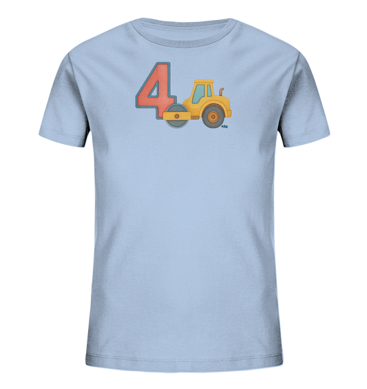 Onlineshop Shirts fuer Kinder - Das Bild zeigt ein hellblaues Kinder-T-Shirt auf einem neutralen Hintergrund. Auf der Vorderseite ist eine grosse rote Zahl '4' platziert. Daneben ist eine gelbe Dampfwalze mit grauer Walze abgebildet. Das gesamte Motiv ist in einem kindgerechten, illustrierten Stil gehalten.