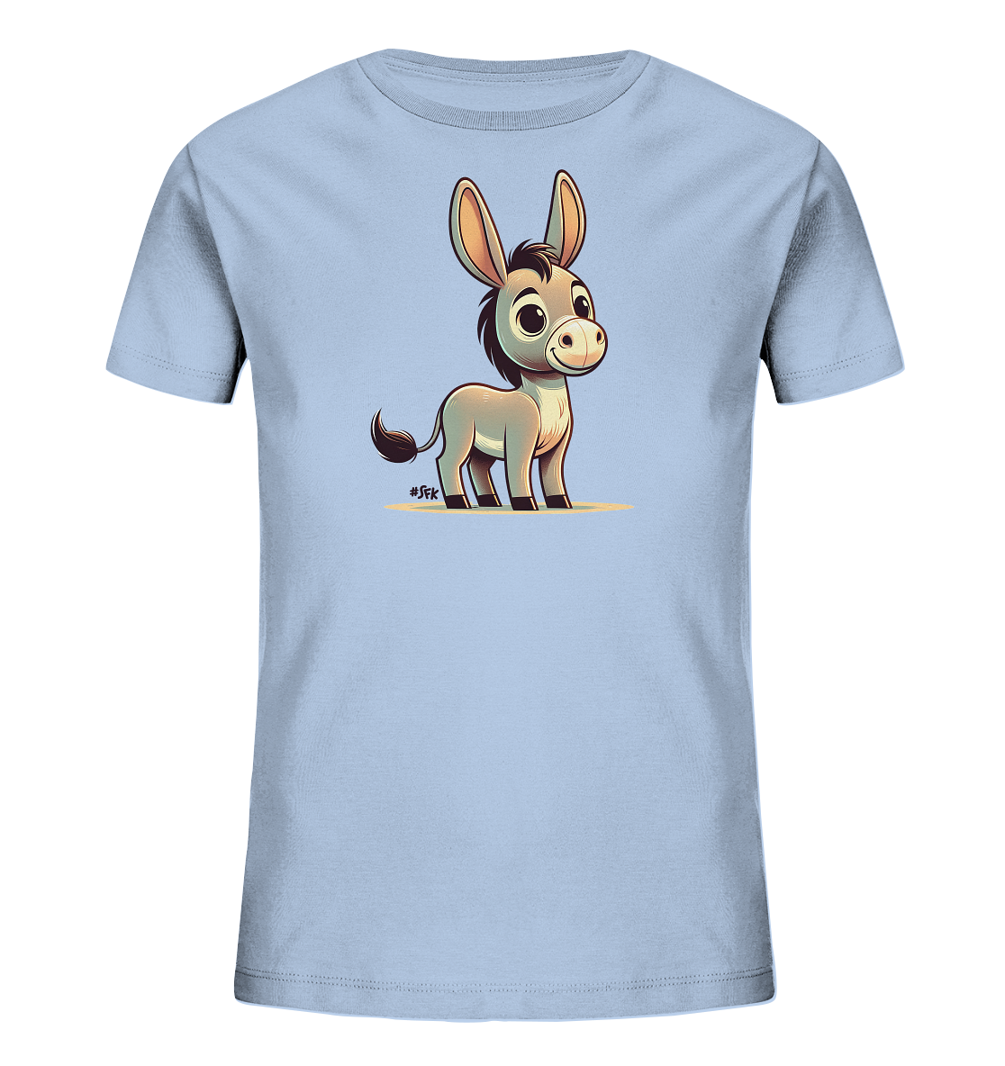 Onlineshop Shirts fuer Kinder - Das Bild zeigt ein hellblaues T-Shirt fuer Kinder mit einem grossen, niedlichen Comic-Esel auf der Vorderseite. Der Esel hat grosse Ohren, einen freundlichen Ausdruck und steht auf einer gelben Flaeche. Die Illustration ist detailliert und in einem ansprechenden, verspielten Stil gehalten. Dieses Design ist ideal fuer junge Esel-Liebhaber.