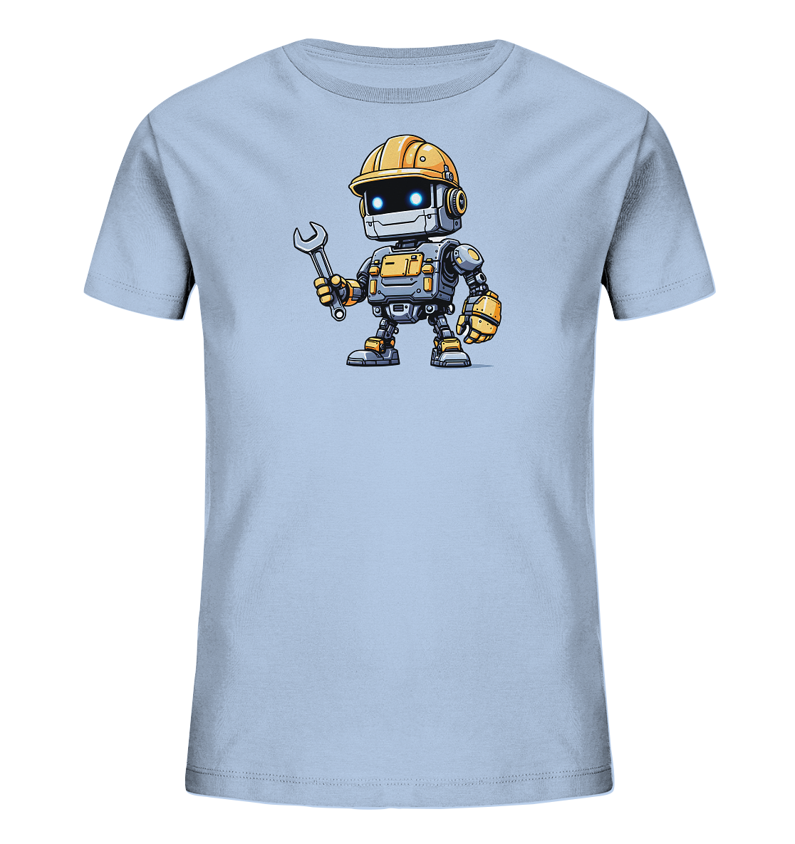 Onlineshop Shirts für Kinder - Das Bild zeigt ein hellblaues Kinder-T-Shirt, auf dessen Vorderseite eine Grafik eines cartoonartigen Roboters zu sehen ist. Der Roboter trägt einen gelben Bauarbeiterhelm und hält einen Schraubenschlüssel in der rechten Hand. Seine Augen leuchten hellblau und er hat eine freundliche Ausstrahlung. Das Design des Roboters ist detailreich mit gelben und grauen Elementen gestaltet und wirkt robust, aber verspielt, ideal für kleine Technikfans.