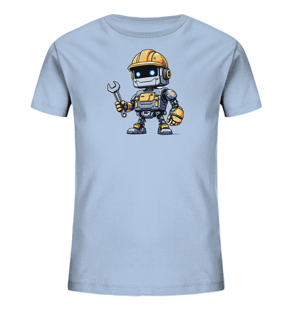 Onlineshop Shirts für Kinder - Das Bild zeigt ein hellblaues Kinder-T-Shirt, auf dessen Vorderseite eine Grafik eines cartoonartigen Roboters zu sehen ist. Der Roboter trägt einen gelben Bauarbeiterhelm und hält einen Schraubenschlüssel in der rechten Hand. Seine Augen leuchten hellblau und er hat eine freundliche Ausstrahlung. Das Design des Roboters ist detailreich mit gelben und grauen Elementen gestaltet und wirkt robust, aber verspielt, ideal für kleine Technikfans.