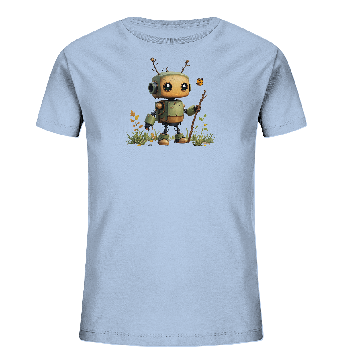 Onlineshop Shirts für Kinder - Das Bild zeigt ein hellblaues T-Shirt für Kinder. Auf der Vorderseite ist eine detaillierte, freundliche Illustration eines kleinen, grünen Roboters zu sehen. Der Roboter hat Antennen aus Zweigen, hält einen Stock und steht in einer Umgebung aus Gras und Blättern, begleitet von einem kleinen Schmetterling. Dieses Motiv verbindet Technik mit Natur in einem ansprechenden Cartoon-Stil.