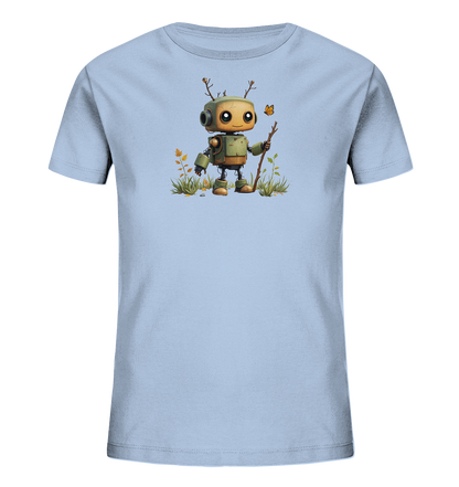 Onlineshop Shirts für Kinder - Das Bild zeigt ein hellblaues T-Shirt für Kinder. Auf der Vorderseite ist eine detaillierte, freundliche Illustration eines kleinen, grünen Roboters zu sehen. Der Roboter hat Antennen aus Zweigen, hält einen Stock und steht in einer Umgebung aus Gras und Blättern, begleitet von einem kleinen Schmetterling. Dieses Motiv verbindet Technik mit Natur in einem ansprechenden Cartoon-Stil.
