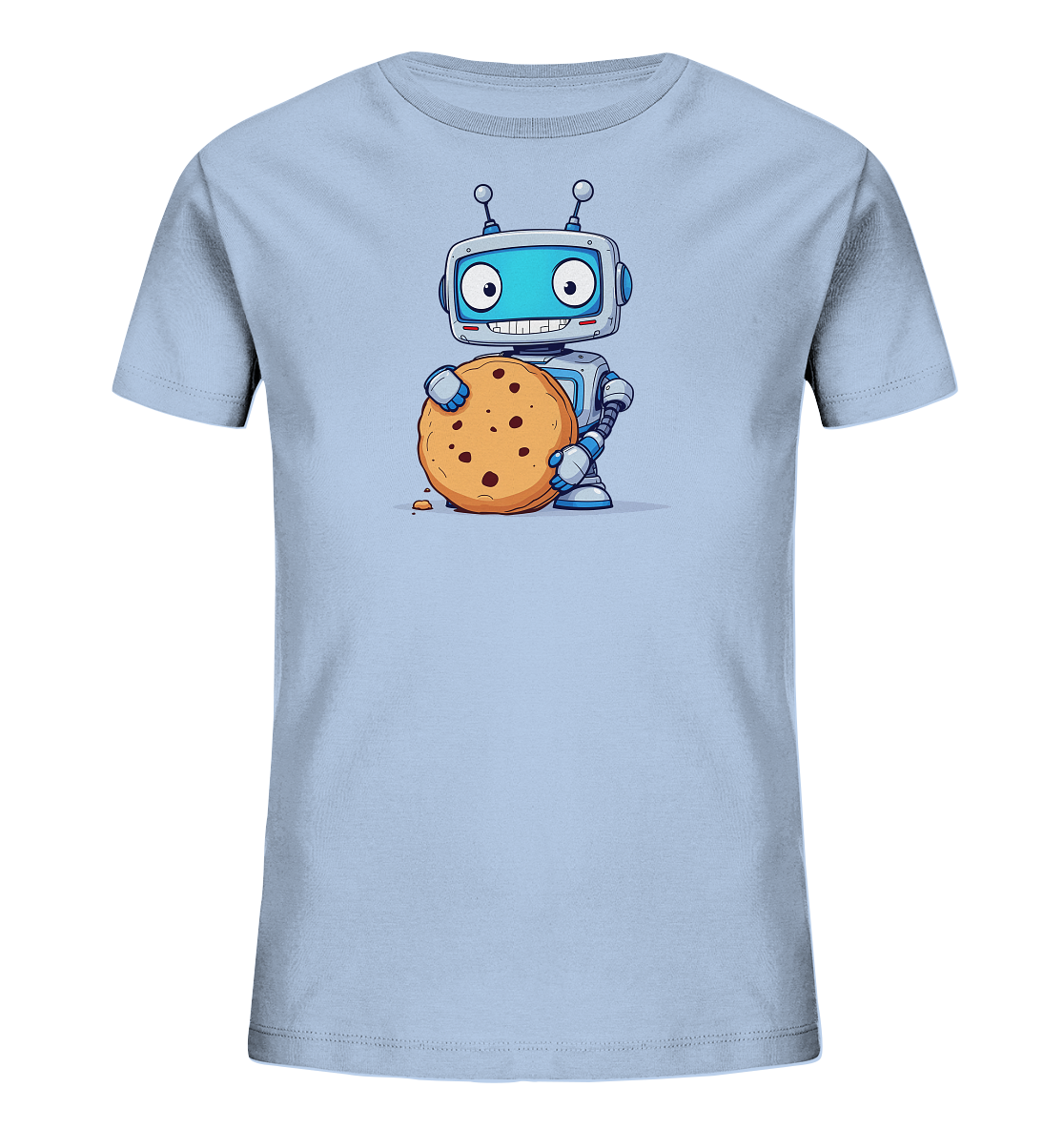 Onlineshop Shirts für Kinder - Dieses hellblaue T-Shirt für Kinder zeigt eine freundliche Cartoon-Illustration eines kleinen Roboters. Der Roboter hat große Augen, Antennen und hält mit beiden Händen einen großen, runden Schokoladenkeks. Eine kleine Keks-Krumme liegt neben dem Cookie auf dem Shirt. Das Design ist in einem klaren, fröhlichen Stil gehalten und eignet sich gut für legere Kinderkleidung.