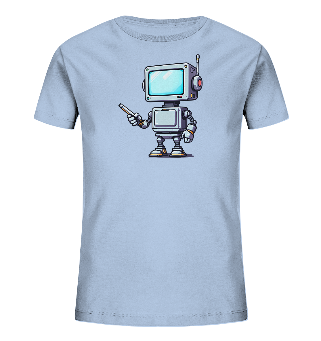 Onlineshop Shirts für Kinder - Das Bild zeigt ein hellblaues Kinder-T-Shirt, das auf der Vorderseite mit einer Illustration eines freundlichen Roboters bedruckt ist. Der Roboter hat einen quadratischen Bildschirm als Kopf, eine Antenne und seitliche Bedienelemente. Er ist in silbernen und grauen Tönen gehalten, mit Akzenten in Orange, Rot und Blau. Der Roboter hält einen weißen Zeigestab in seiner rechten Hand und blickt frontal. Das Design wirkt modern und kinderfreundlich.