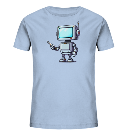 Onlineshop Shirts für Kinder - Das Bild zeigt ein hellblaues Kinder-T-Shirt, das auf der Vorderseite mit einer Illustration eines freundlichen Roboters bedruckt ist. Der Roboter hat einen quadratischen Bildschirm als Kopf, eine Antenne und seitliche Bedienelemente. Er ist in silbernen und grauen Tönen gehalten, mit Akzenten in Orange, Rot und Blau. Der Roboter hält einen weißen Zeigestab in seiner rechten Hand und blickt frontal. Das Design wirkt modern und kinderfreundlich.