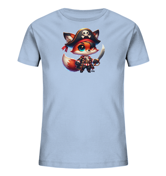 Onlineshop Shirts fuer Kinder - Das Bild zeigt ein hellblaues T-Shirt fuer Kinder mit einem suessen Cartoon-Motiv. Abgebildet ist ein Fuchs in Piratenkleidung, der eine Augenklappe traegt und ein Schwert haelt. Der Fuchs hat grosse, leuchtende Augen und traegt einen Piratenhut mit Totenkopf. Das Design ist verspielt und fantasievoll gestaltet.