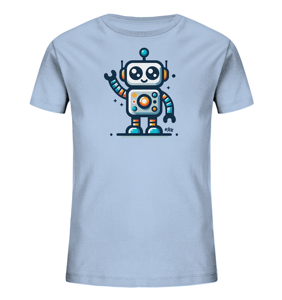 Onlineshop Shirts fuer Kinder - Das Bild zeigt ein hellblaues Kinder-T-Shirt mit einer farbenfrohen Grafik eines freundlichen Roboters. Der stilisierte Roboter hat grosse Augen, Antennen und winkt froehlich. Das Design umfasst Details in Orange, Blau und Gruen und kleine Sterne im Hintergrund. Es ist ein verspieltes Motiv, das gut zu einem Kinderoutfit passt.
