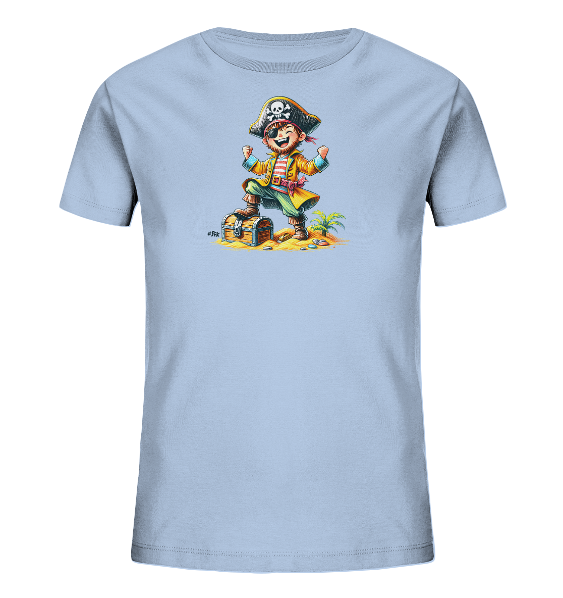 Onlineshop Shirts fuer Kinder - Das Bild zeigt ein hellblaues Kinder-T-Shirt mit einem farbenfrohen Cartoon-Motiv. Darauf ist ein froehlicher Pirat abgebildet, der auf einer Schatzkiste auf einem Sandstrand steht. Der Pirat traegt typische Kleidung und reisst triumphierend die Faeuste in die Luft. Das Motiv ist detailliert gestaltet und hat einen verspielten Charakter.