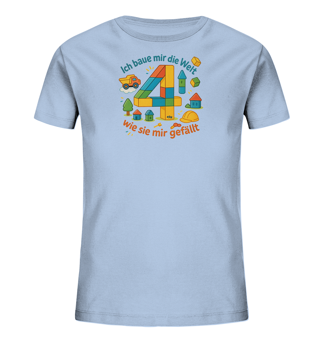 Onlineshop Shirts fuer Kinder - Das Bild zeigt ein hellblaues Kinder-T-Shirt. Auf der Vorderseite ist die Zahl '4' aus bunten Bausteinen dargestellt, umgeben von Illustrationen eines Bauwagens, kleiner Haeuser und eines Bauhelms. Der Spruch 'Ich baue mir die Welt wie sie mir gefaellt' rundet das kreative Motiv ab. Das Design ist verspielt und thematisch auf Bauen ausgerichtet.