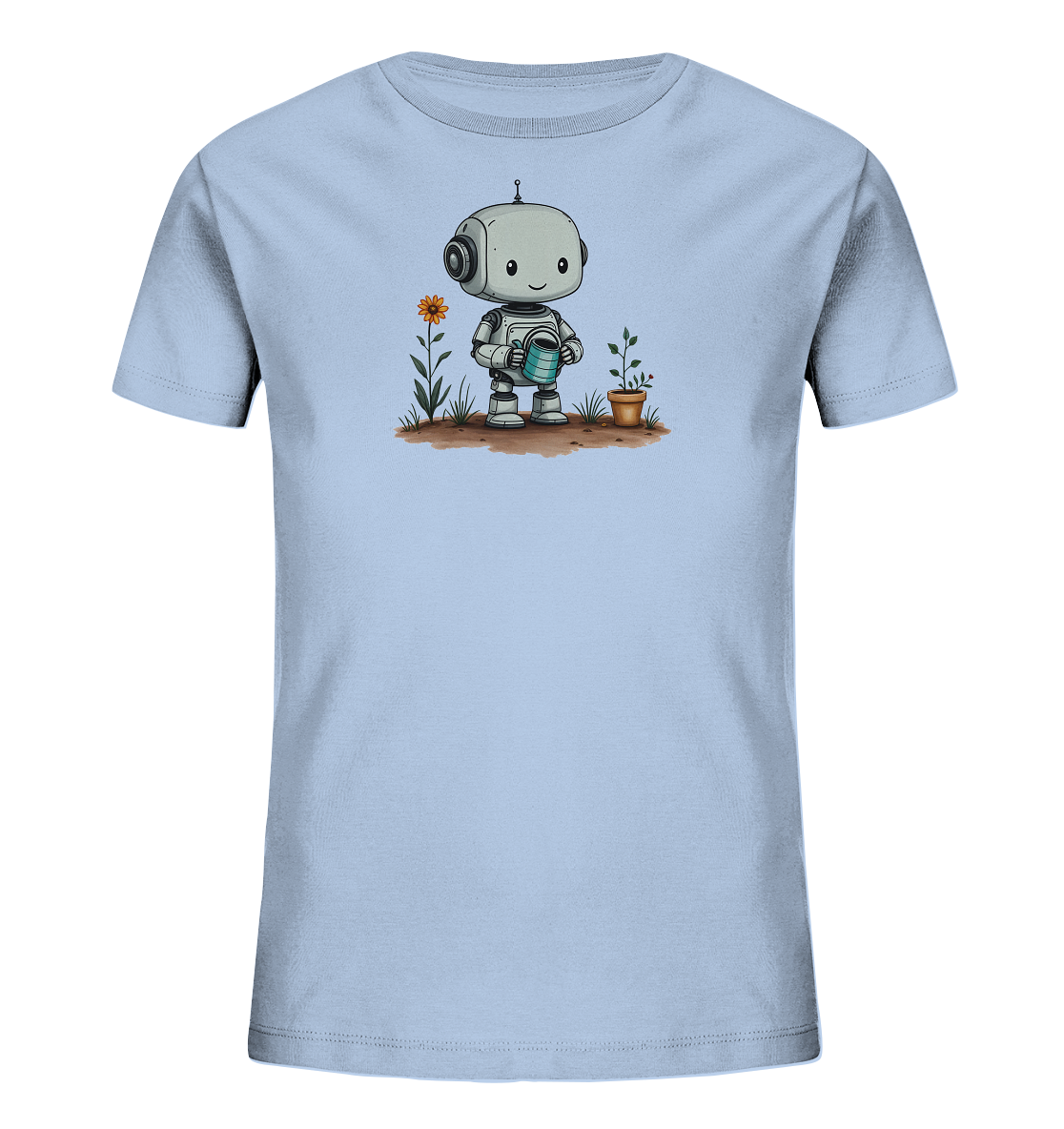 Onlineshop Shirts für Kinder - Dieses hellblaue Kinder-T-Shirt zeigt eine charmante Illustration eines freundlichen Roboters. Der graue Roboter mit blauer Gießkanne gießt eine kleine Pflanze in einem Terrakottatopf. Neben dem Roboter wächst eine Pflanze mit einer leuchtend orangefarbenen Blume. Das Motiv ist auf einem Stück brauner Erde platziert und verleiht dem Shirt einen verspielten und umweltfreundlichen Charakter.