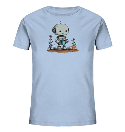 Onlineshop Shirts für Kinder - Dieses hellblaue Kinder-T-Shirt zeigt eine charmante Illustration eines freundlichen Roboters. Der graue Roboter mit blauer Gießkanne gießt eine kleine Pflanze in einem Terrakottatopf. Neben dem Roboter wächst eine Pflanze mit einer leuchtend orangefarbenen Blume. Das Motiv ist auf einem Stück brauner Erde platziert und verleiht dem Shirt einen verspielten und umweltfreundlichen Charakter.