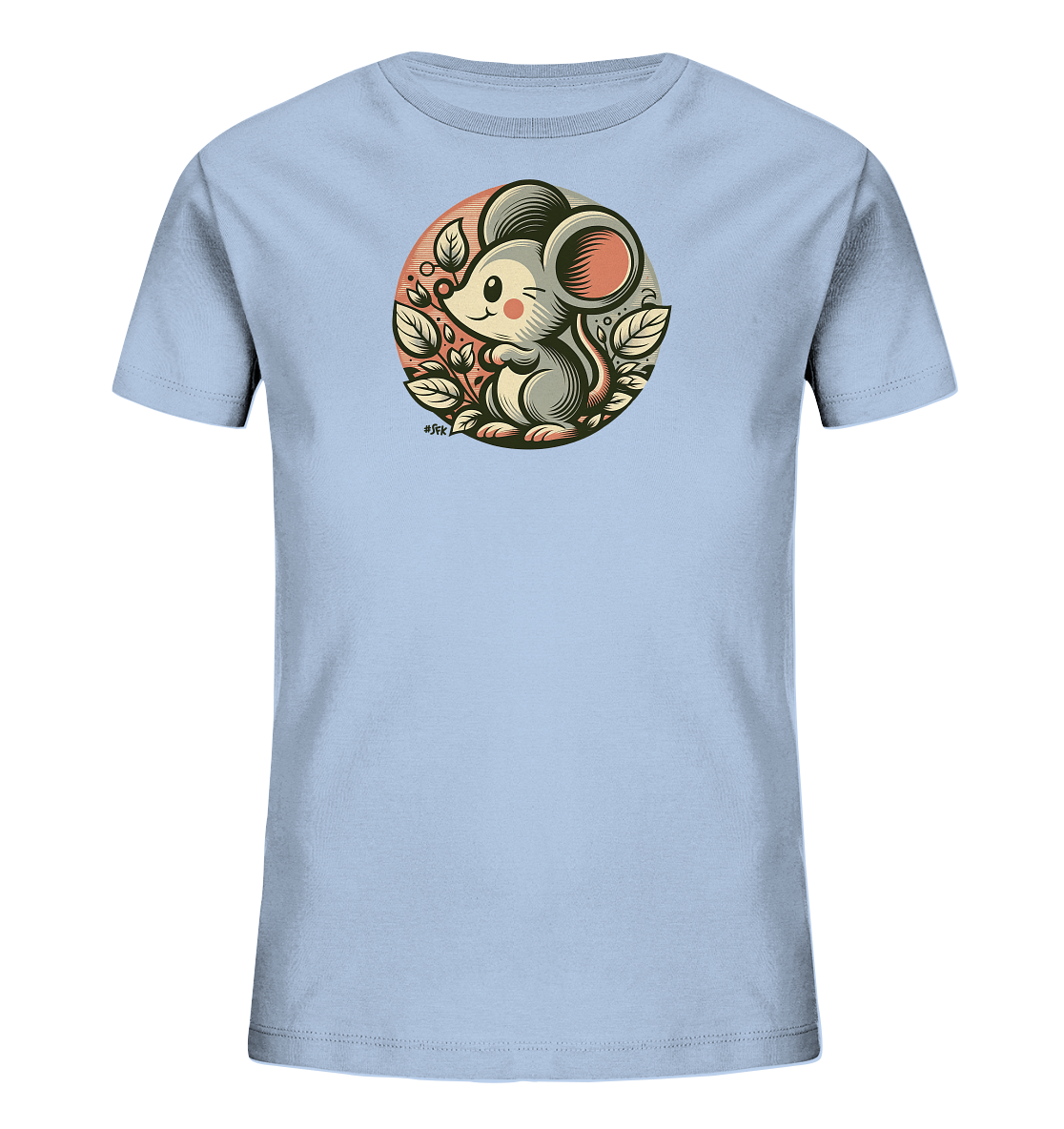 Onlineshop Shirts fuer Kinder - Das Bild zeigt ein hellblaues Kinder-T-Shirt. Auf der Vorderseite ist ein suesses, grau geflecktes Maeusemotiv in einem runden Rahmen abgebildet. Die Maus sitzt zwischen stilisierten Blaettern vor einem gestreiften Hintergrund. Das Design wirkt freundlich und verspielt, ideal fuer Kinder.
