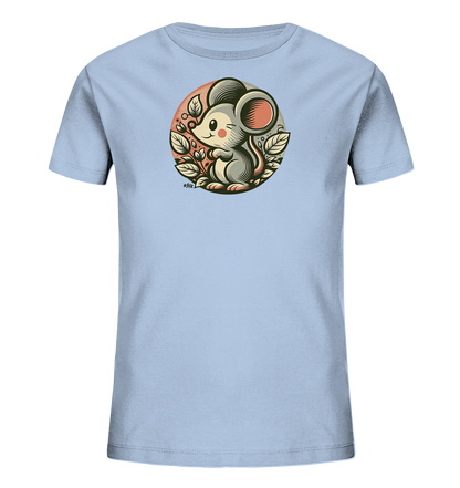 Onlineshop Shirts fuer Kinder - Das Bild zeigt ein hellblaues Kinder-T-Shirt. Auf der Vorderseite ist ein suesses, grau geflecktes Maeusemotiv in einem runden Rahmen abgebildet. Die Maus sitzt zwischen stilisierten Blaettern vor einem gestreiften Hintergrund. Das Design wirkt freundlich und verspielt, ideal fuer Kinder.