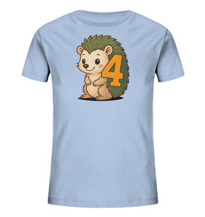 Onlineshop Shirts fuer Kinder - Dieses Bild zeigt ein hellblaues T-Shirt fuer Kinder mit einer niedlichen Cartoon-Illustration eines Igels. Der Igel hat gruene Stacheln und ein freundliches Laecheln, er sitzt aufrecht dargestellt. Im Bereich seiner Stacheln ist die orangefarbene Zahl '4' zu sehen. Das Design wirkt froehlich und kindgerecht, ideal fuer den Alltag.
