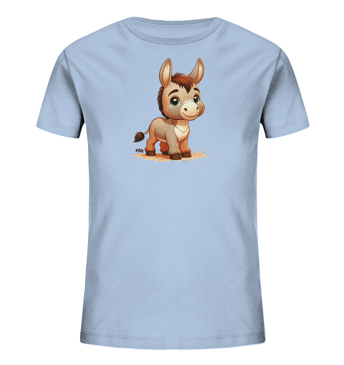 Onlineshop Shirts fuer Kinder - Das Bild zeigt ein hellblaues T-Shirt fuer Kinder mit einem charmanten Druck. Zu sehen ist ein kleiner, freundlich dreinblickender Cartoon-Esel mit grossen Augen und Ohren. Der Esel steht auf einem leicht staubigen Untergrund, was dem Motiv eine spielerische Tiefe verleiht. Das farbenfrohe Design ist ideal fuer den Alltag kleiner Tierfreunde.