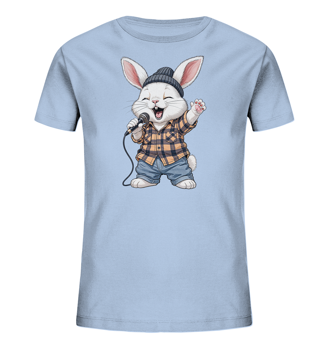 Onlineshop Shirts fuer Kinder - Das Bild zeigt ein hellblaues Kinder-T-Shirt mit einem niedlichen Kaninchenmotiv. Das Kaninchen traegt eine Muetze, ein kariertes Hemd und eine kurze Hose. Es haelt ein Mikrofon und singt froehlich mit erhobener Pfote, was dem Design einen verspielten Charakter verleiht. Das Motiv ist detailreich und farbenfroh, ideal fuer Kinder.