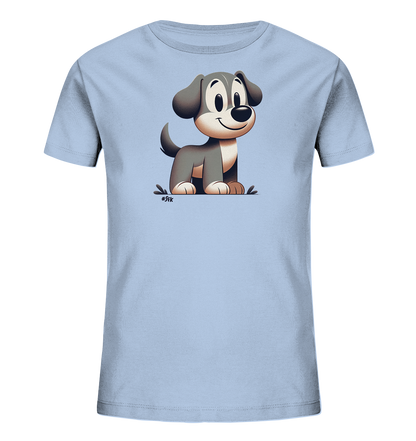 Onlineshop Shirts fuer Kinder - Das Bild zeigt ein hellblaues Kinder-T-Shirt mit einem charmanten Cartoon-Hund auf der Vorderseite. Der Hund hat graues Fell mit helleren Akzenten und sitzt aufrecht mit grossen, freundlichen Augen und einem Laecheln. Die Illustration ist schlicht und liebevoll gestaltet, was dem Shirt einen froehlichen Look verleiht.