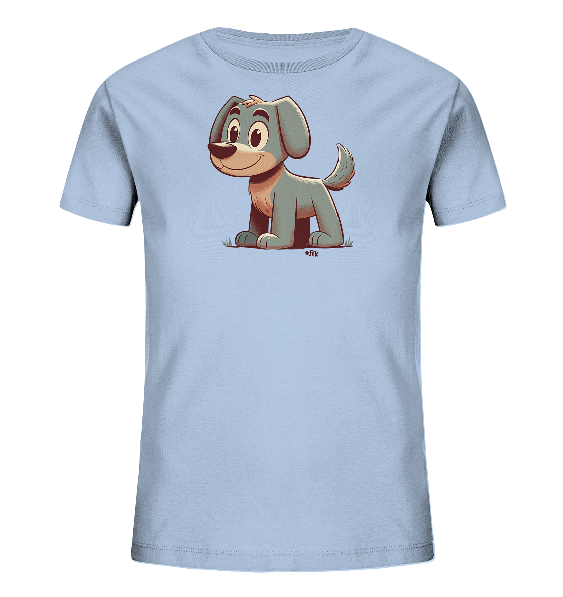 Onlineshop Shirts fuer Kinder - Das Bild zeigt ein hellblaues Kinder-T-Shirt mit einem niedlichen Motiv auf der Vorderseite. Abgebildet ist ein freundlicher, cartoonartiger Hund in sitzender Position auf einer Wiese. Der Hund ist in Blautoenen gehalten und hat ein froehliches Laecheln. Das Design wirkt verspielt und ansprechend fuer Kinder.