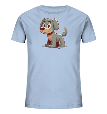 Onlineshop Shirts fuer Kinder - Das Bild zeigt ein hellblaues Kinder-T-Shirt mit einem niedlichen Motiv auf der Vorderseite. Abgebildet ist ein freundlicher, cartoonartiger Hund in sitzender Position auf einer Wiese. Der Hund ist in Blautoenen gehalten und hat ein froehliches Laecheln. Das Design wirkt verspielt und ansprechend fuer Kinder.
