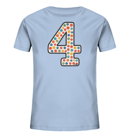 Kinder T-Shirt mit großer Zahl 4, bunten Punkten und dunkler Umrandung