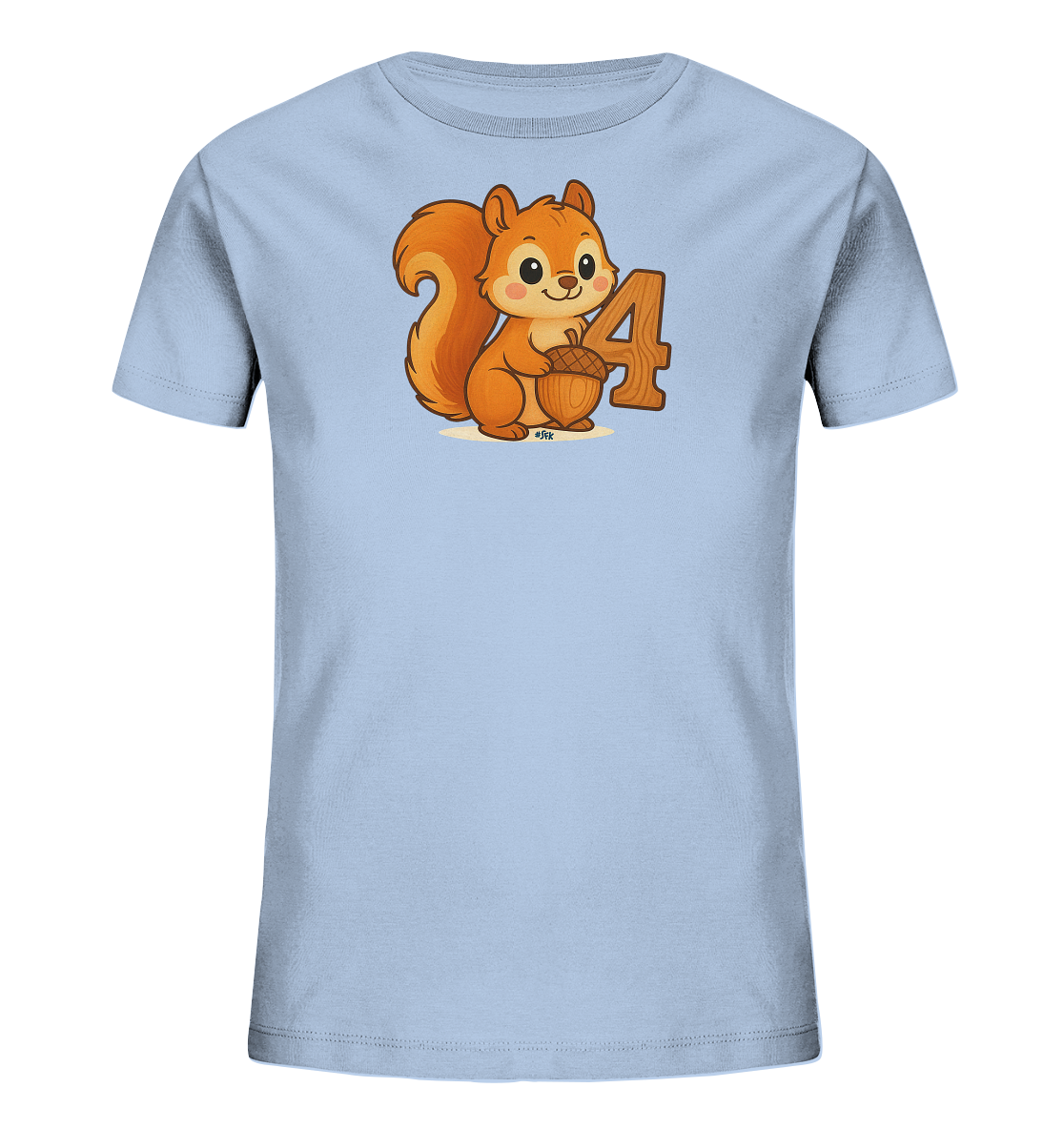 Onlineshop Shirts fuer Kinder - Dieses hellblaue Kinder-T-Shirt praesentiert ein entzueckendes Cartoon-Eichhoernchen mit buschigem Schwanz. Das Eichhoernchen haelt eine Eichel und sitzt neben der stilisierten Zahl '4'. Das froehliche Motiv ist detailreich gestaltet und ideal fuer kleine Tierfans.