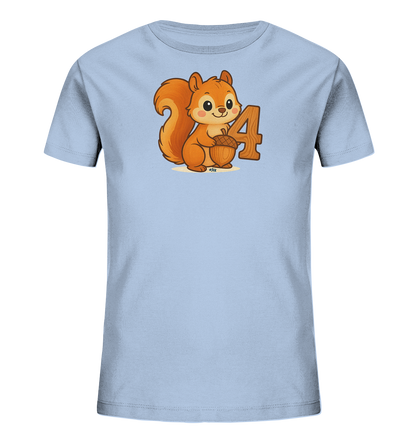 Onlineshop Shirts fuer Kinder - Dieses hellblaue Kinder-T-Shirt praesentiert ein entzueckendes Cartoon-Eichhoernchen mit buschigem Schwanz. Das Eichhoernchen haelt eine Eichel und sitzt neben der stilisierten Zahl '4'. Das froehliche Motiv ist detailreich gestaltet und ideal fuer kleine Tierfans.
