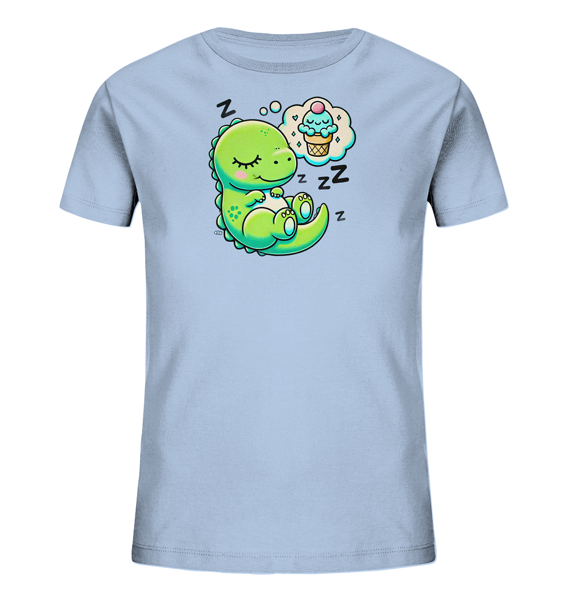 Onlineshop Shirts fuer Kinder - Das Bild zeigt ein hellblaues T-Shirt mit einer niedlichen Illustration eines schlafenden gruenen Dinosauriers. Der kleine Dinosaurier liegt eingerollt mit geschlossenen Augen da und traeumt von einem Eis. Über ihm sind Z-Symbole zu sehen, die seinen tiefen Schlaf darstellen. Das Motiv ist farbenfroh und kindgerecht gestaltet.