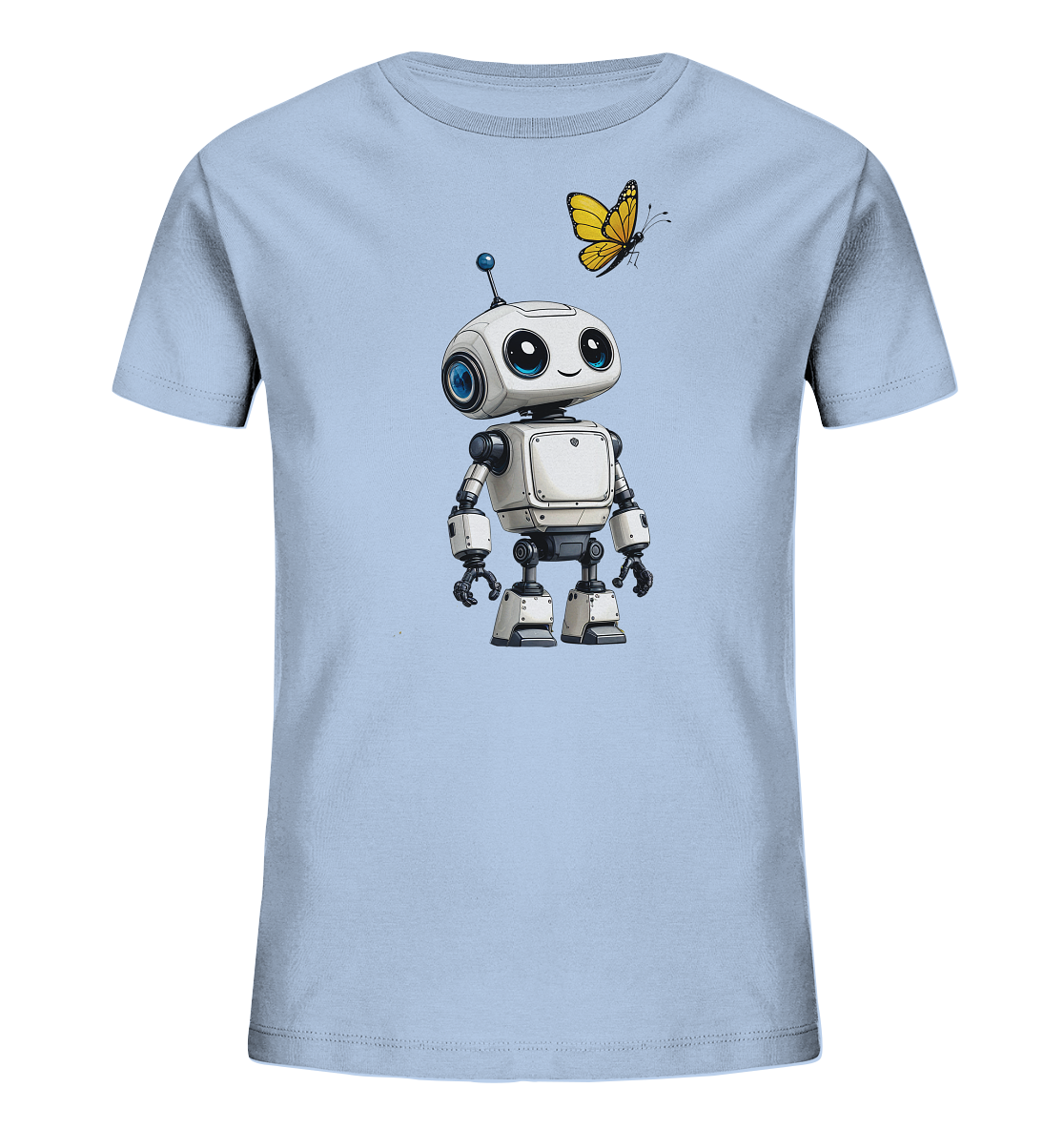 Onlineshop Shirts für Kinder - Das Bild zeigt ein hellblaues Kinder-T-Shirt, das flach ausgelegt ist. Auf der Vorderseite ist eine detaillierte, cartoonartige Illustration eines freundlich aussehenden weißen Roboters zu sehen. Der Roboter hat blaue Augen, eine Antenne auf dem Kopf und steht auf seinen Füßen. Über dem Roboter schwebt ein gelber Schmetterling, der nach rechts fliegt. Das Design ist neutral und spricht Kinder an.