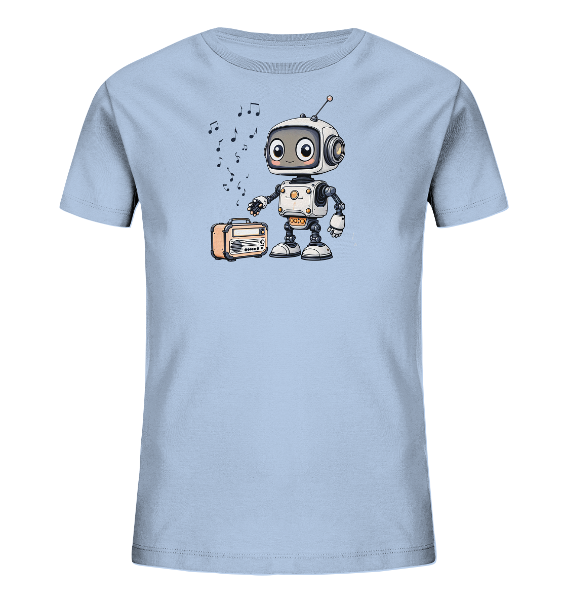 Onlineshop Shirts für Kinder - Das Bild zeigt ein hellblaues T-Shirt für Kinder mit einem verspielten Motiv. Auf der Vorderseite ist ein freundlicher, cartoonhafter Roboter abgebildet, der neben einem orangefarbenen Retro-Radio steht. Über dem Roboter und dem Radio schweben verschiedene Musiknoten, was die Szene lebendig macht. Das Design ist detailliert und farbenfroh, ideal für kleine Musik- und Roboterfans.