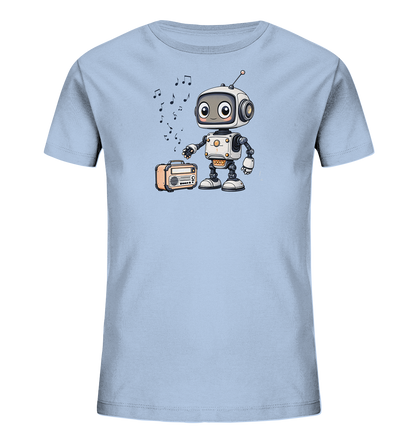Onlineshop Shirts für Kinder - Das Bild zeigt ein hellblaues T-Shirt für Kinder mit einem verspielten Motiv. Auf der Vorderseite ist ein freundlicher, cartoonhafter Roboter abgebildet, der neben einem orangefarbenen Retro-Radio steht. Über dem Roboter und dem Radio schweben verschiedene Musiknoten, was die Szene lebendig macht. Das Design ist detailliert und farbenfroh, ideal für kleine Musik- und Roboterfans.