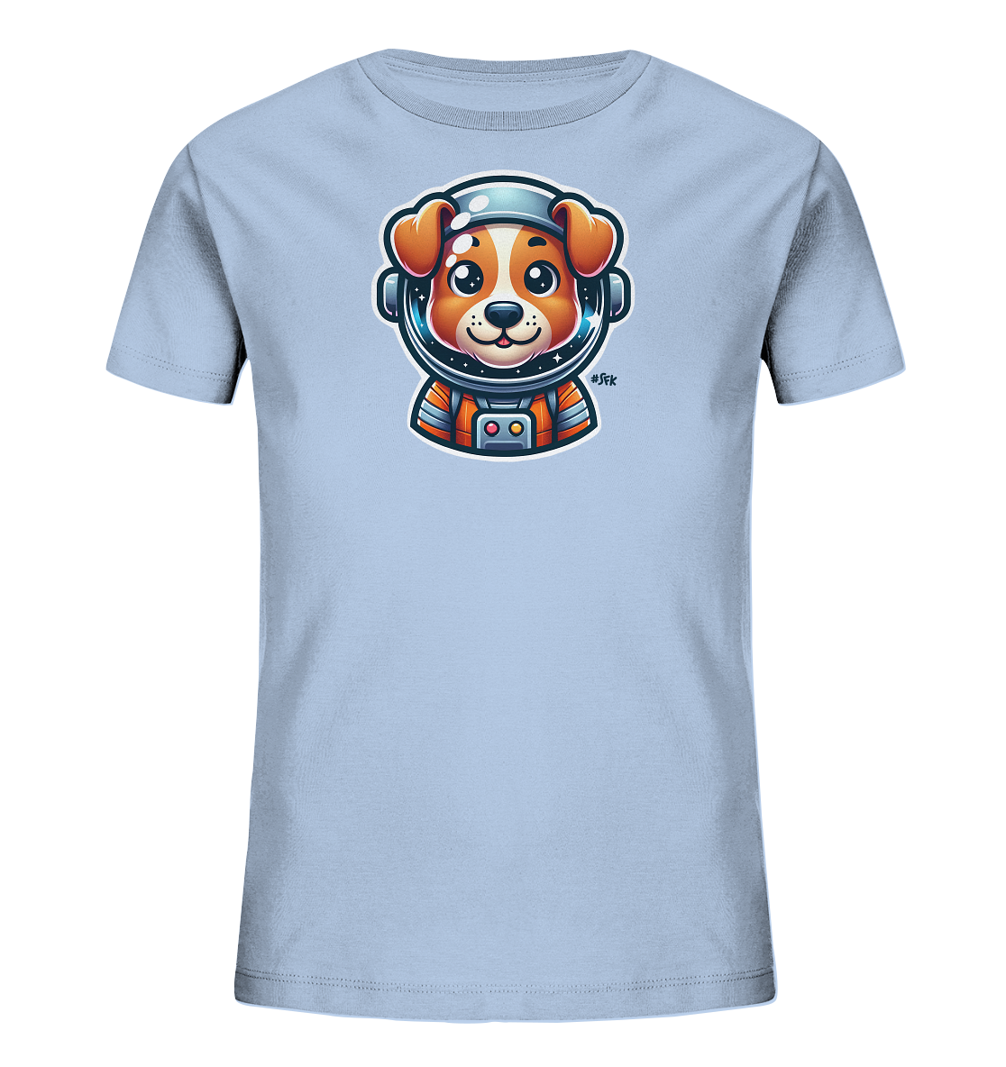 Onlineshop Shirts fuer Kinder - Das Bild zeigt ein hellblaues T-Shirt fuer Kinder. Auf der Vorderseite ist eine niedliche Illustration eines Cartoon-Hundes zu sehen, der einen Astronautenhelm traegt. Der Hund blickt freundlich nach vorne, sein Astronautenanzug ist detailreich in Orange- und Grautoenen gestaltet. Das Design vermittelt einen verspielten Eindruck und ist ideal fuer kleine Entdecker.
