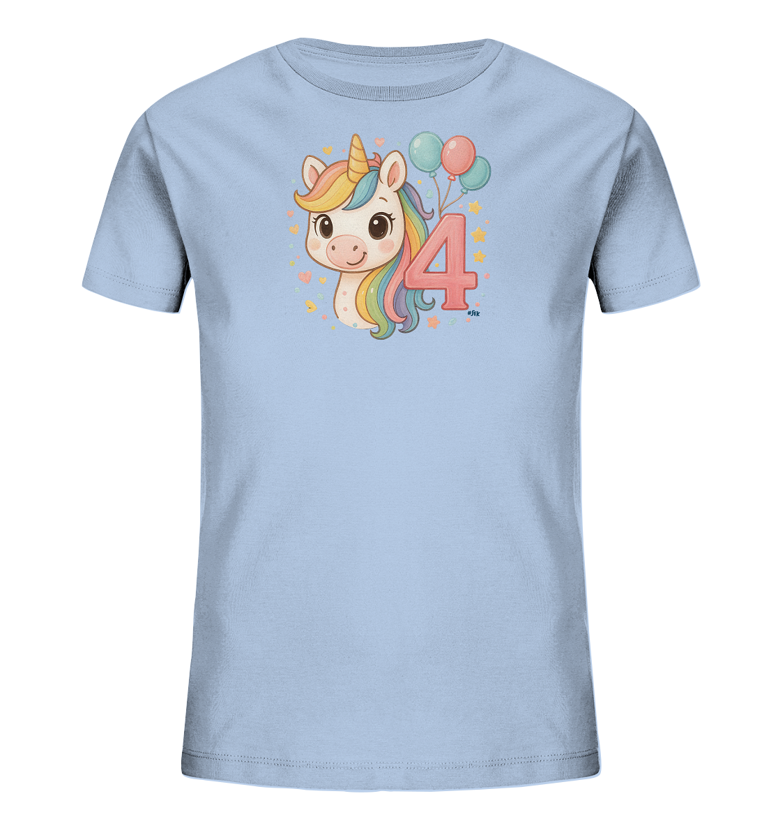Onlineshop Shirts fuer Kinder - Das Bild zeigt ein hellblaues Kinder-T-Shirt mit einem farbenfrohen Druck. Zu sehen ist ein suesser Einhornkopf mit Regenbogenmaehne und goldenem Horn. Daneben ist die grosse Zahl 4 in Rosa abgebildet, begleitet von bunten Ballons sowie kleinen Sternen und Herzen. Das froehliche Motiv eignet sich besonders gut fuer einen vierten Geburtstag.