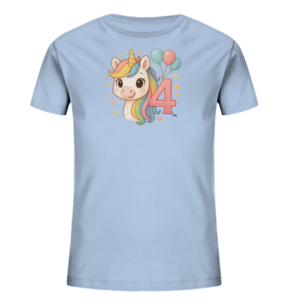 Onlineshop Shirts fuer Kinder - Das Bild zeigt ein hellblaues Kinder-T-Shirt mit einem farbenfrohen Druck. Zu sehen ist ein suesser Einhornkopf mit Regenbogenmaehne und goldenem Horn. Daneben ist die grosse Zahl 4 in Rosa abgebildet, begleitet von bunten Ballons sowie kleinen Sternen und Herzen. Das froehliche Motiv eignet sich besonders gut fuer einen vierten Geburtstag.