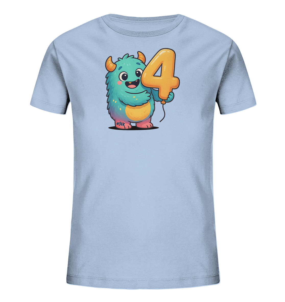 Onlineshop Shirts fuer Kinder - Das Bild zeigt ein hellblaues T-Shirt mit einem farbenfrohen Monster-Motiv auf der Vorderseite. Das freundliche Monster haelt einen grossen, orangefarbenen Ballon in Form der Zahl '4'. Das Design ist verspielt und ansprechend fuer Kinder.