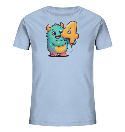 Onlineshop Shirts fuer Kinder - Das Bild zeigt ein hellblaues T-Shirt mit einem farbenfrohen Monster-Motiv auf der Vorderseite. Das freundliche Monster haelt einen grossen, orangefarbenen Ballon in Form der Zahl '4'. Das Design ist verspielt und ansprechend fuer Kinder.