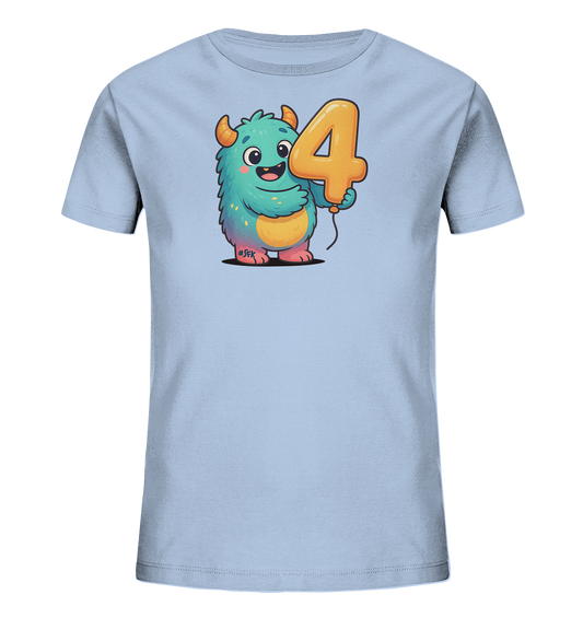 Onlineshop Shirts fuer Kinder - Das Bild zeigt ein hellblaues T-Shirt mit einem farbenfrohen Monster-Motiv auf der Vorderseite. Das freundliche Monster haelt einen grossen, orangefarbenen Ballon in Form der Zahl '4'. Das Design ist verspielt und ansprechend fuer Kinder.