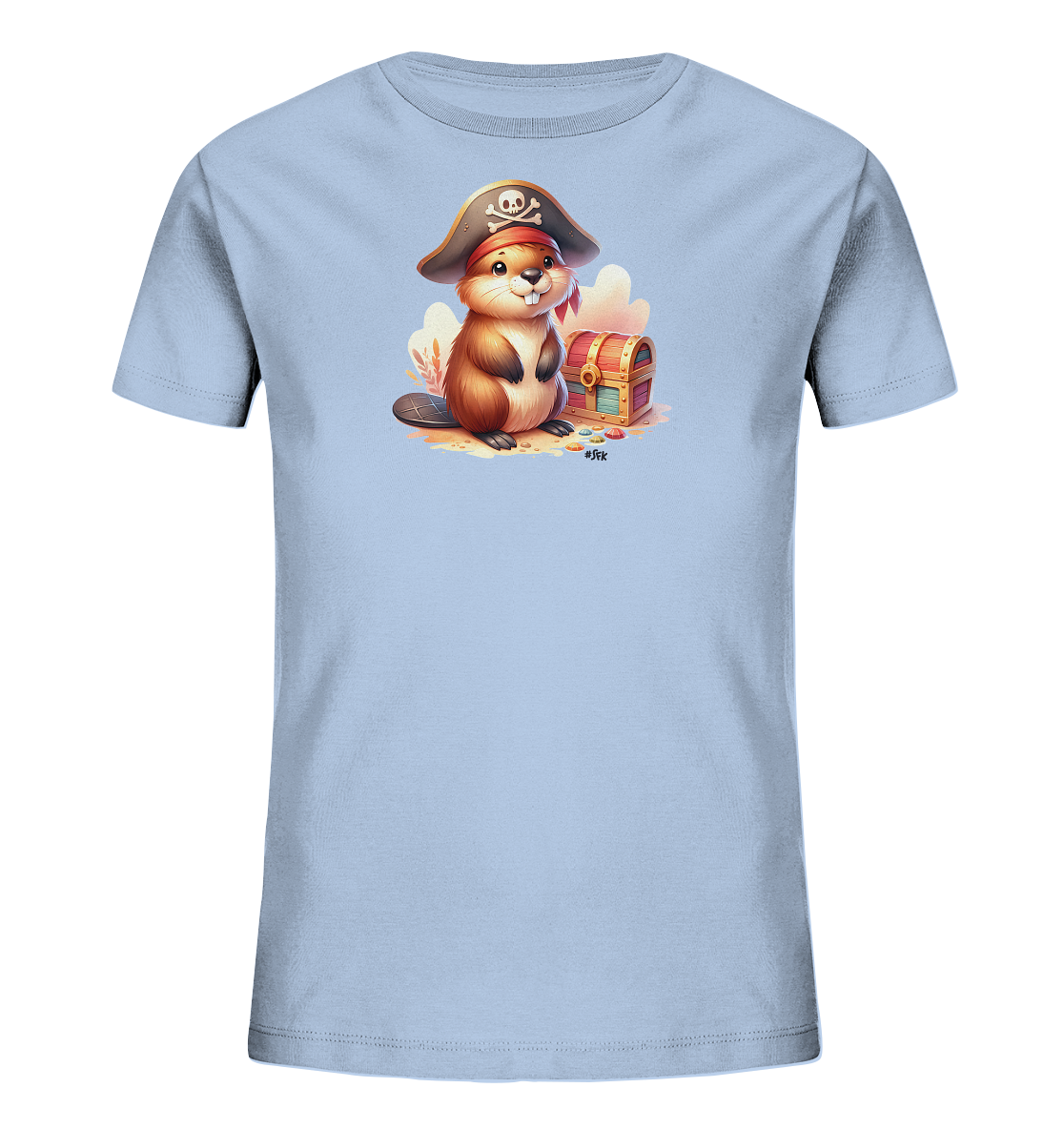 Onlineshop Shirts fuer Kinder - Dieses hellblaue T-Shirt fuer Kinder zeigt eine niedliche Illustration eines Bibers, der eine Piratenmuetze traegt. Der Biber sitzt laechelnd neben einer kleinen Schatztruhe, umgeben von bunten Schaetzen. Das Design hat einen verspielten und abenteuerlichen Charakter. Die Farben sind hell und kinderfreundlich gestaltet.