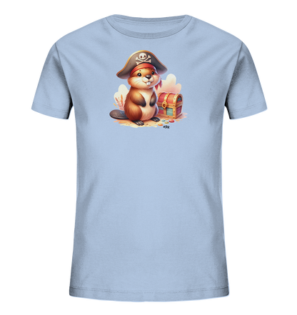 Onlineshop Shirts fuer Kinder - Dieses hellblaue T-Shirt fuer Kinder zeigt eine niedliche Illustration eines Bibers, der eine Piratenmuetze traegt. Der Biber sitzt laechelnd neben einer kleinen Schatztruhe, umgeben von bunten Schaetzen. Das Design hat einen verspielten und abenteuerlichen Charakter. Die Farben sind hell und kinderfreundlich gestaltet.