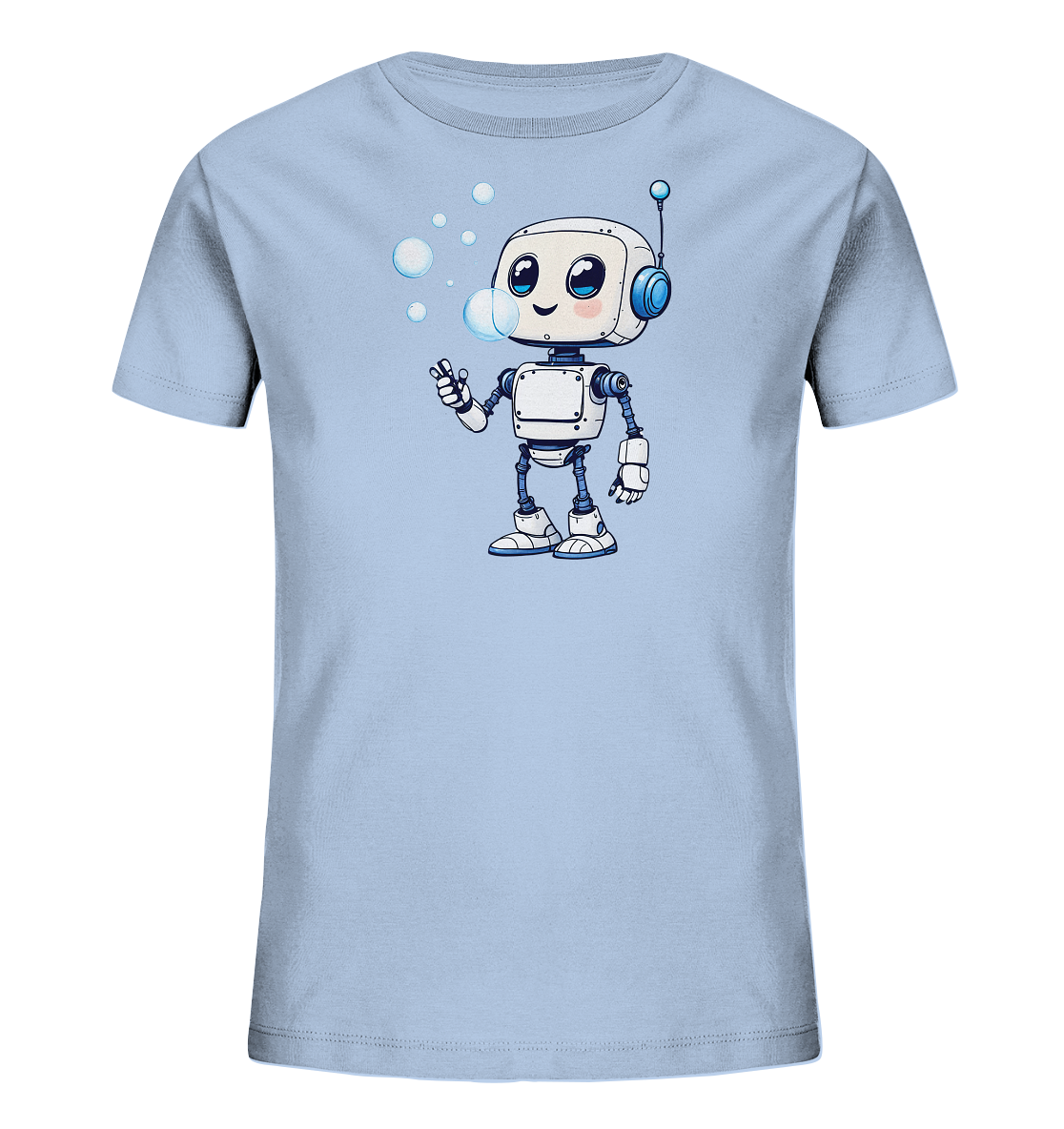 Onlineshop Shirts für Kinder - Das Bild zeigt ein hellblaues Kinder-T-Shirt mit einem zentralen Motiv auf der Vorderseite. Dieses Motiv stellt einen niedlichen, cartoonhaften Roboter dar. Der Roboter ist weiß mit blauen Details und bläst mehrere Seifenblasen in die Luft, die über ihm schweben. Das Design wirkt freundlich und verspielt, passend für Kinderbekleidung.