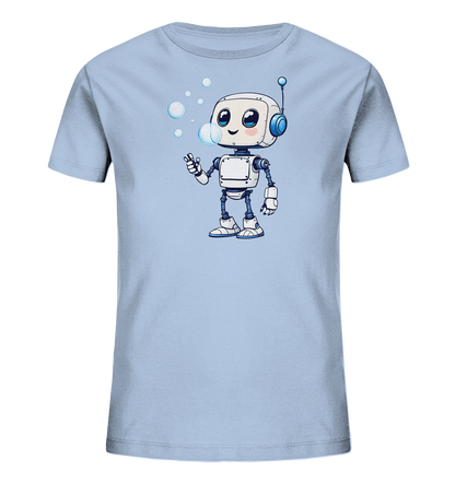 Onlineshop Shirts für Kinder - Das Bild zeigt ein hellblaues Kinder-T-Shirt mit einem zentralen Motiv auf der Vorderseite. Dieses Motiv stellt einen niedlichen, cartoonhaften Roboter dar. Der Roboter ist weiß mit blauen Details und bläst mehrere Seifenblasen in die Luft, die über ihm schweben. Das Design wirkt freundlich und verspielt, passend für Kinderbekleidung.